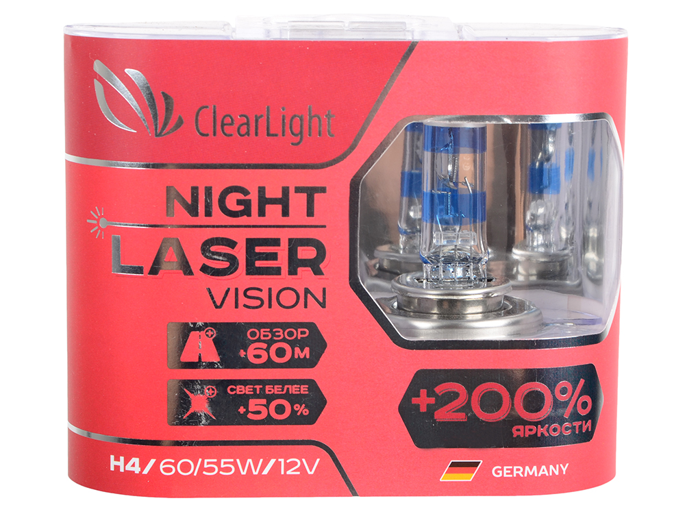 ClearLight Night Laser Vision H4 +200%, 12V-55W Блистер 2 штуки
